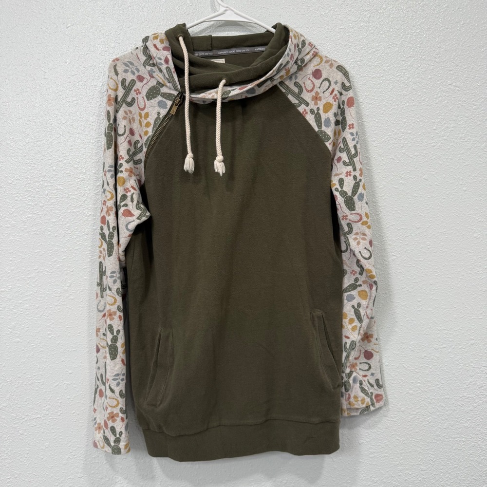 Ampersand Avenue Olive Green Cactus Horseshoe‎ Side Zip Hoodie Sweatshirt Large